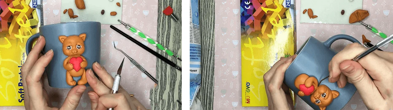 آموزش ساخت ماگ طرح گربه قلبی مرحله ساخت دست های  عروسک  