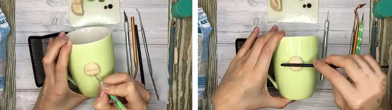 آموزش ساخت ماگ طرح خرگوش و گل مرحله ساخت بینی و دهن  عروسک 
