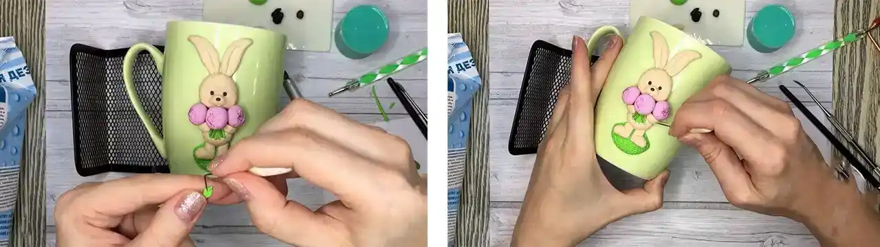 آموزش ساخت ماگ طرح خرگوش و گل مرحله ساخت برگ عروسک 