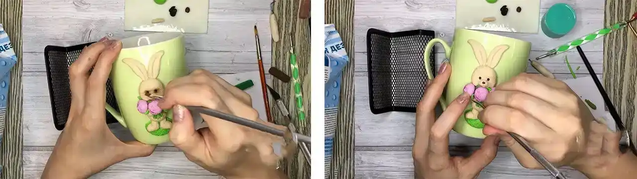 آموزش ساخت ماگ طرح خرگوش و گل مرحله ساخت برگ  عروسک 