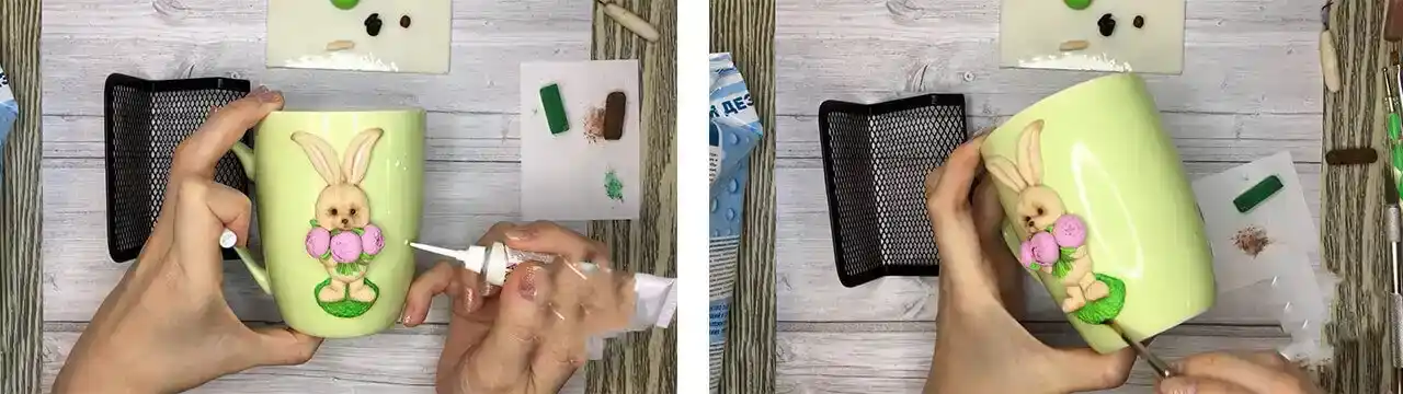آموزش ساخت ماگ طرح خرگوش و گل مرحله ساخت سایه زدن عروسک 