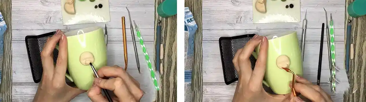 آموزش ساخت ماگ طرح خرگوش و گل مرحله ساخت بینی و دهن  عروسک 