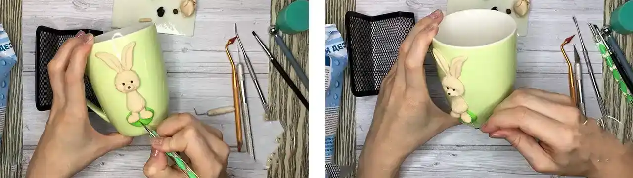 آموزش ساخت ماگ طرح خرگوش و گل مرحله ساخت چمن  عروسک 