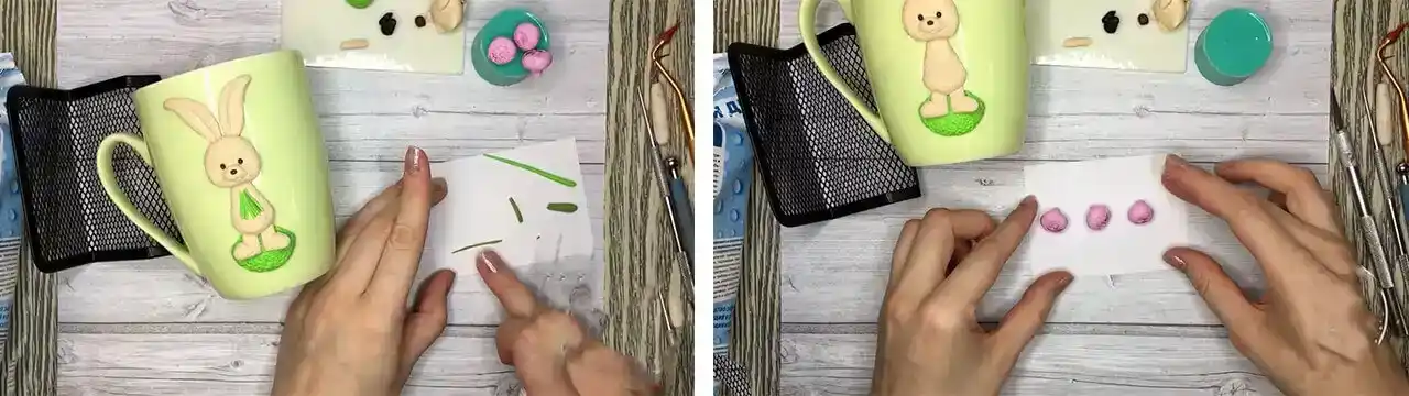 آموزش ساخت ماگ طرح خرگوش و گل مرحله ساخت بدن عروسک 