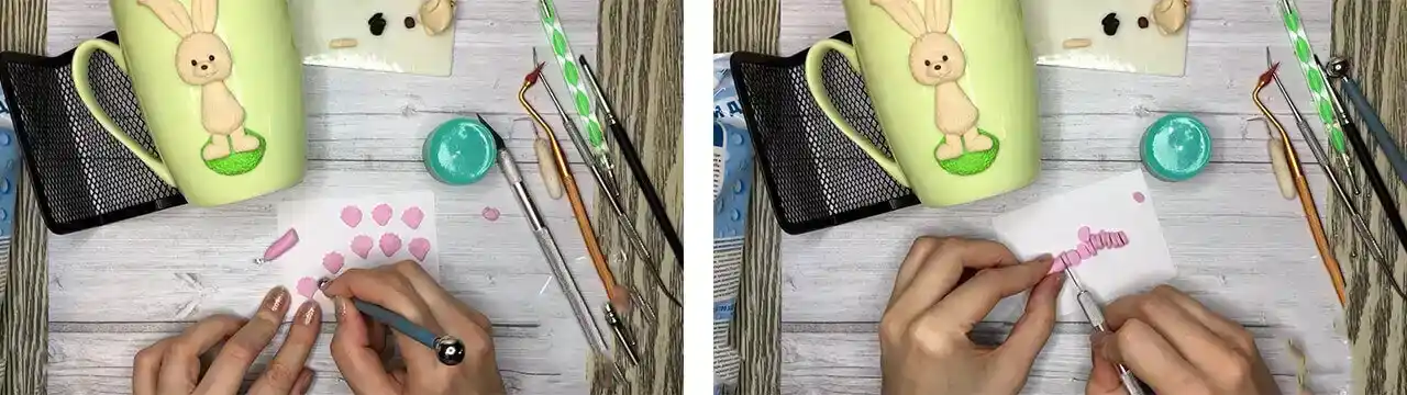 آموزش ساخت ماگ طرح خرگوش و گل مرحله ساخت گل  عروسک 