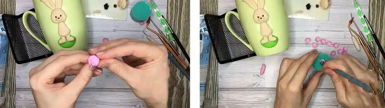 آموزش ساخت ماگ طرح خرگوش و گل مرحله ساخت گل  عروسک 