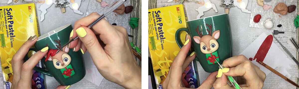 آموزش  تزئین ماگ طرح گوزن بابانوئل مرحله ساخت کلاه  عروسک 