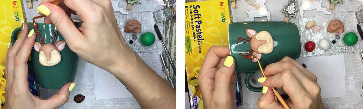 آموزش  تزئین ماگ طرح گوزن بابانوئل مرحله ساخت شاخک های  عروسک 