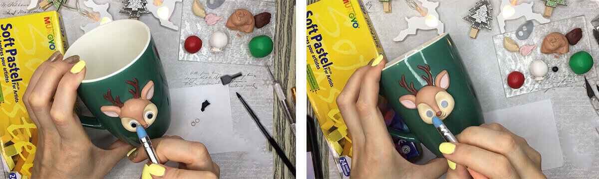 آموزش  تزئین ماگ طرح گوزن بابانوئل مرحله ساخت چشم های عروسک 