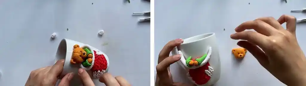 آموزش تزیین ماگ طرح جوراب کریسمس با خرس مرحله ساخت صورت عروسک
