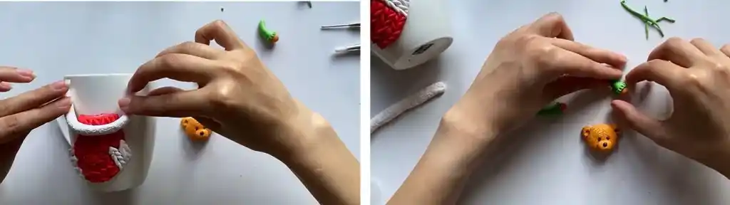 آموزش تزیین ماگ طرح جوراب کریسمس با خرس مرحله ساخت دست های عروسک