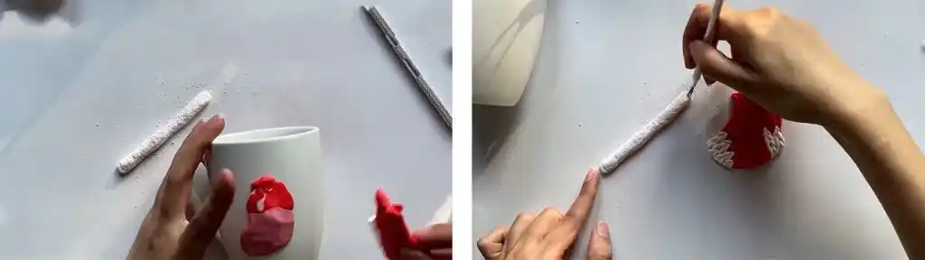 آموزش تزیین ماگ طرح جوراب کریسمس با خرس مرحله ساخت جوراب عروسک