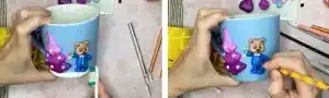 آموزش تزیین ماگ طرح درخت کریسمس با خرس مرحله ساخت دکمه های خرس 