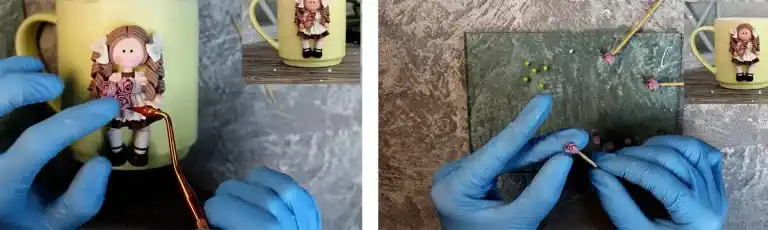 آموزش ساخت ماگ دختر گل فروش مرحله ساخت گل عروسک 
