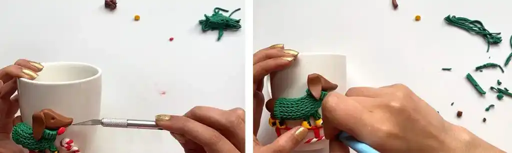 آموزش ساخت ماگ سگ کریسمس مرحله ساخت پاهای  عروسک 