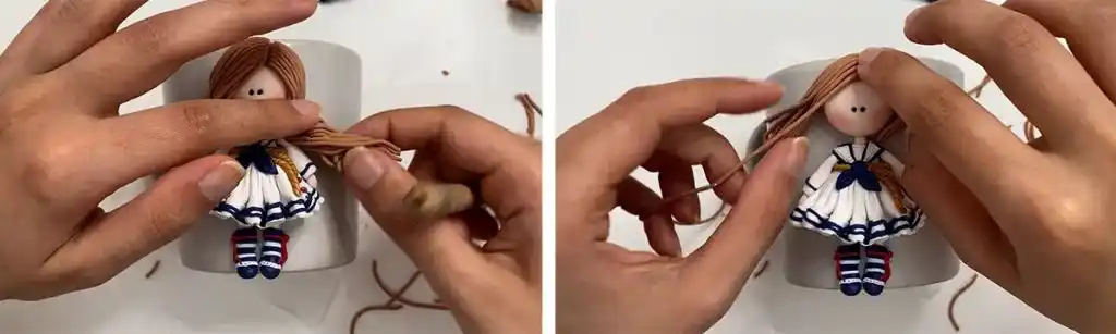 آموزش ساخت ماگ دختر ملوان مرحله ساخت موهای  عروسک 