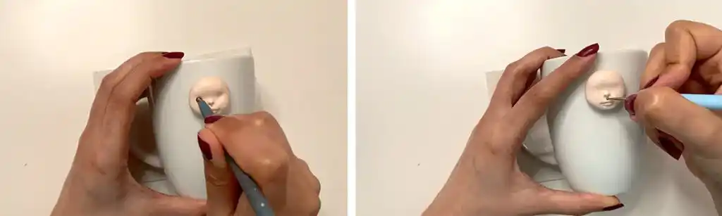 اموزش ساخت ماگ طرح عروسک هانا مرحله ساخت بینی  عروسک 